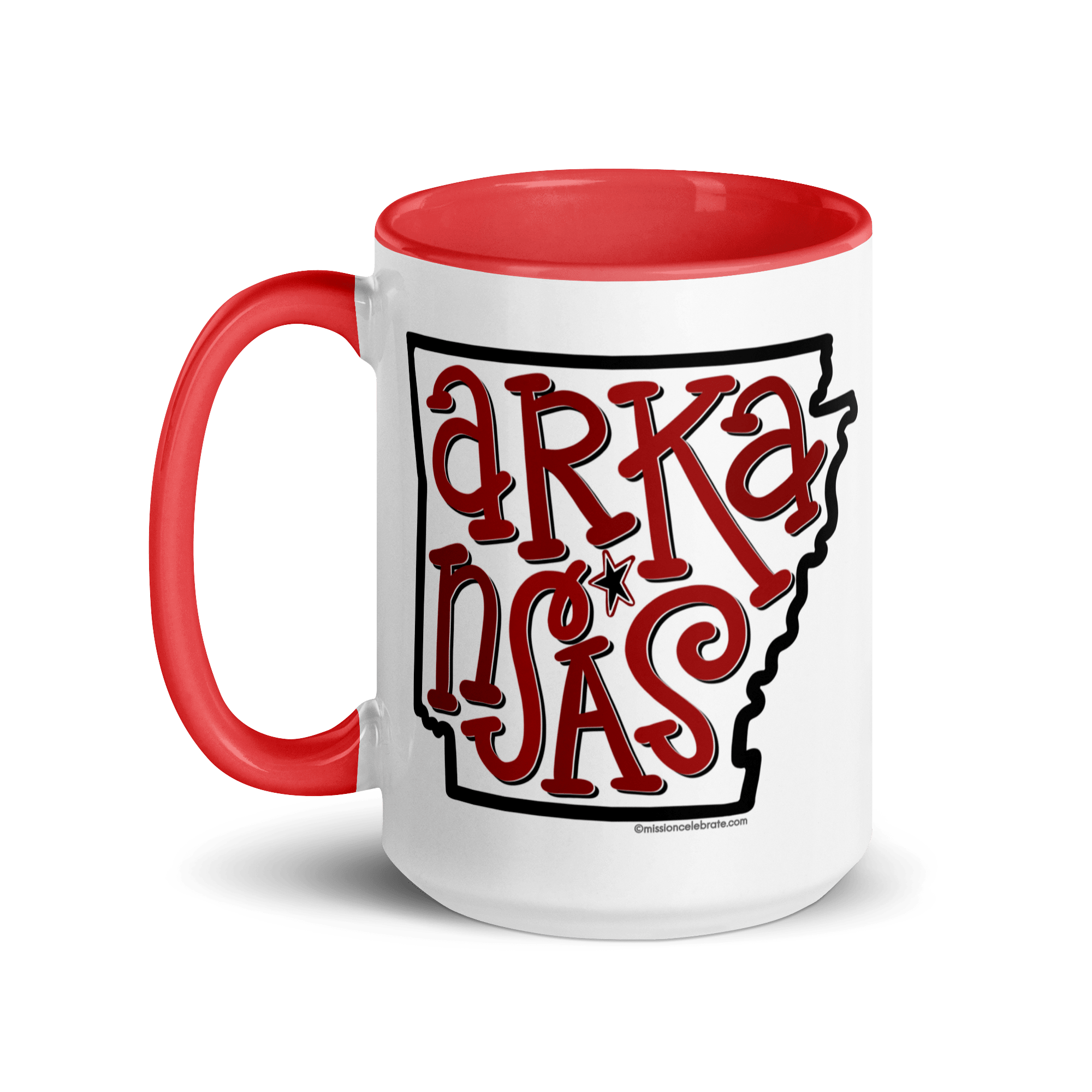 Arkansas Bouncy Letters Handdrawn Art by Southern Artist Leslie Gonce Ceramic Mug (11 oz or 15oz with red accents – rim, inside, handle)