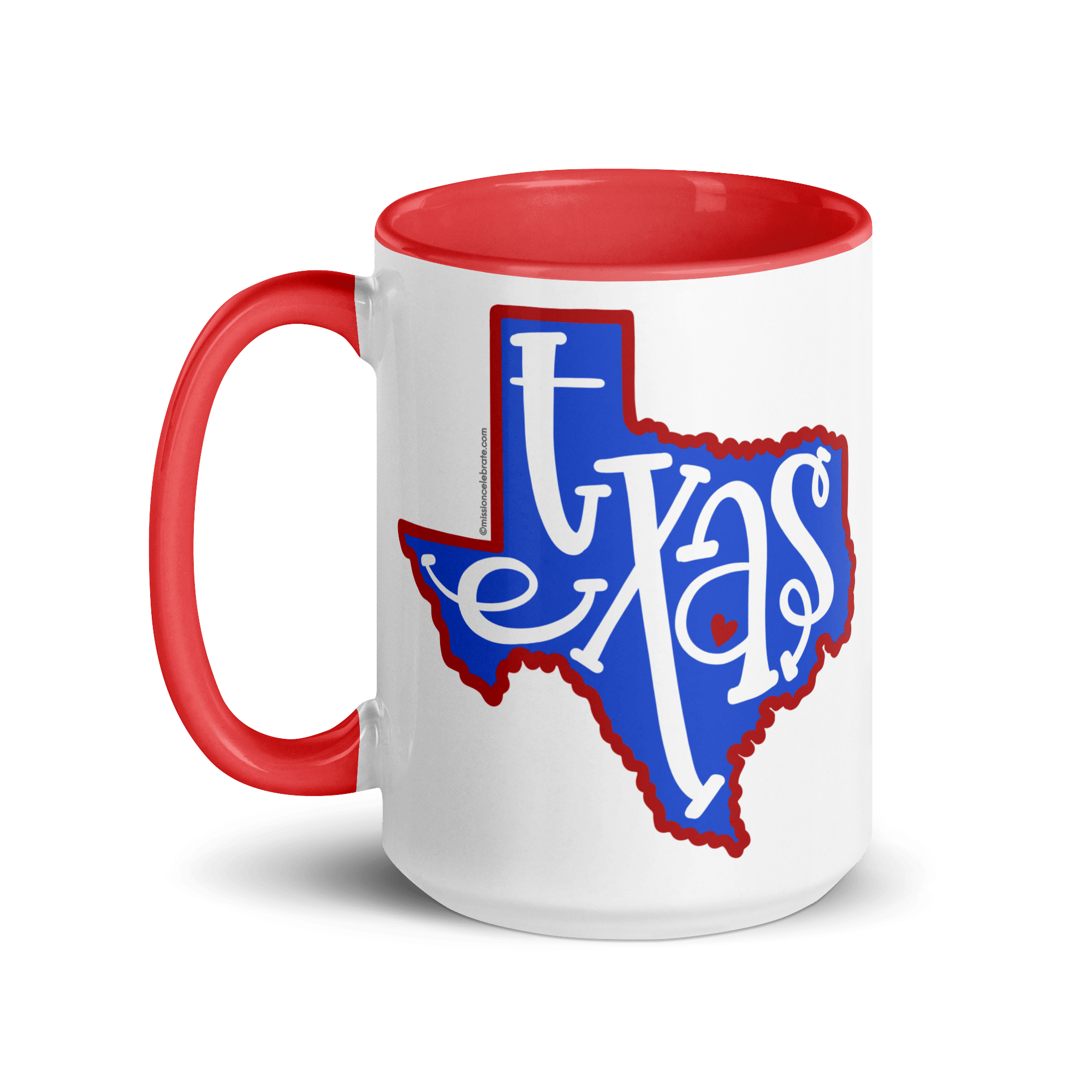 Texas Mug, Red & White Ceramic Coffee Cup with Hand-drawn Lettering and Texas State Shape