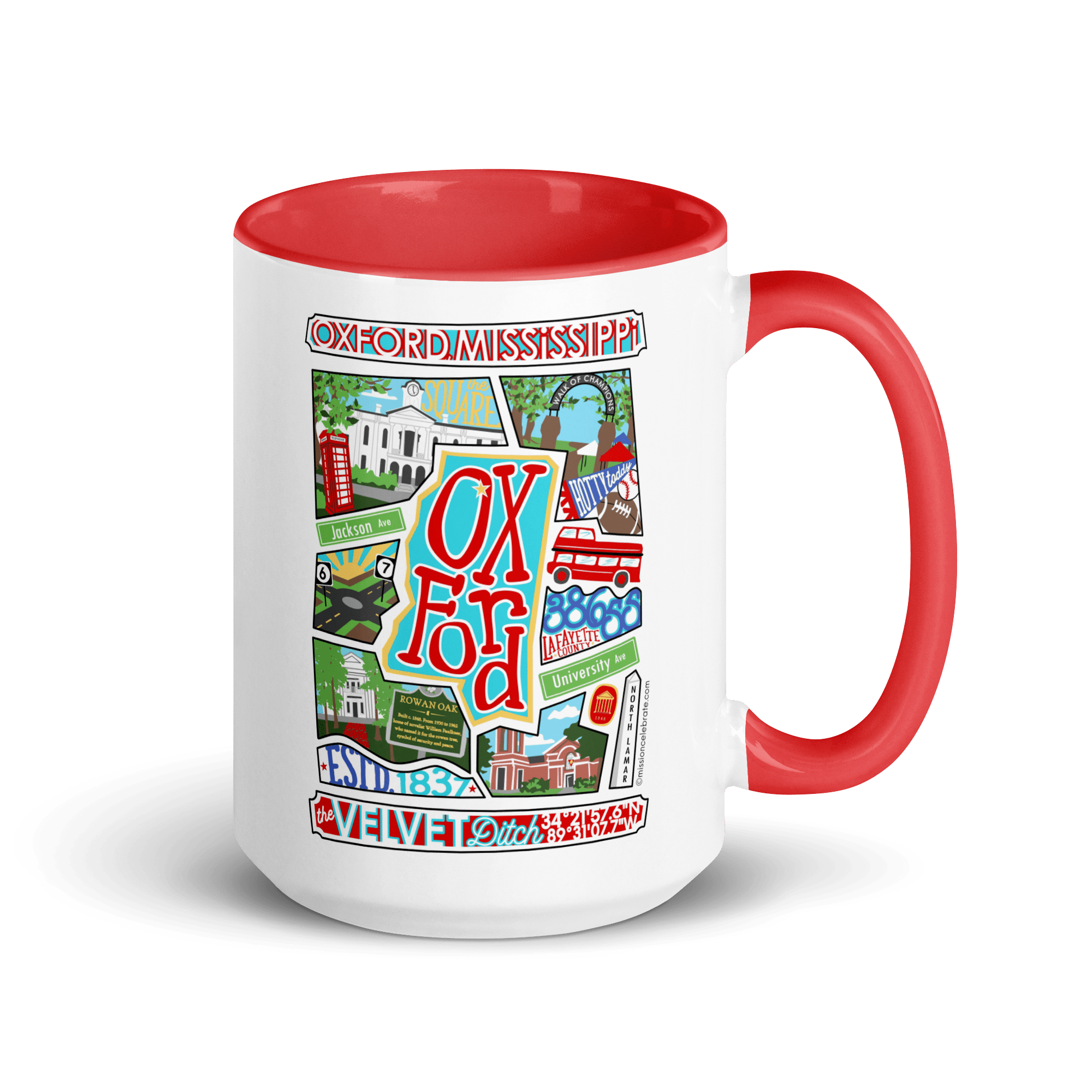 Oxford Mississippi Collage Mug: Ceramic 15oz with Red Accents. Main Street Collective.