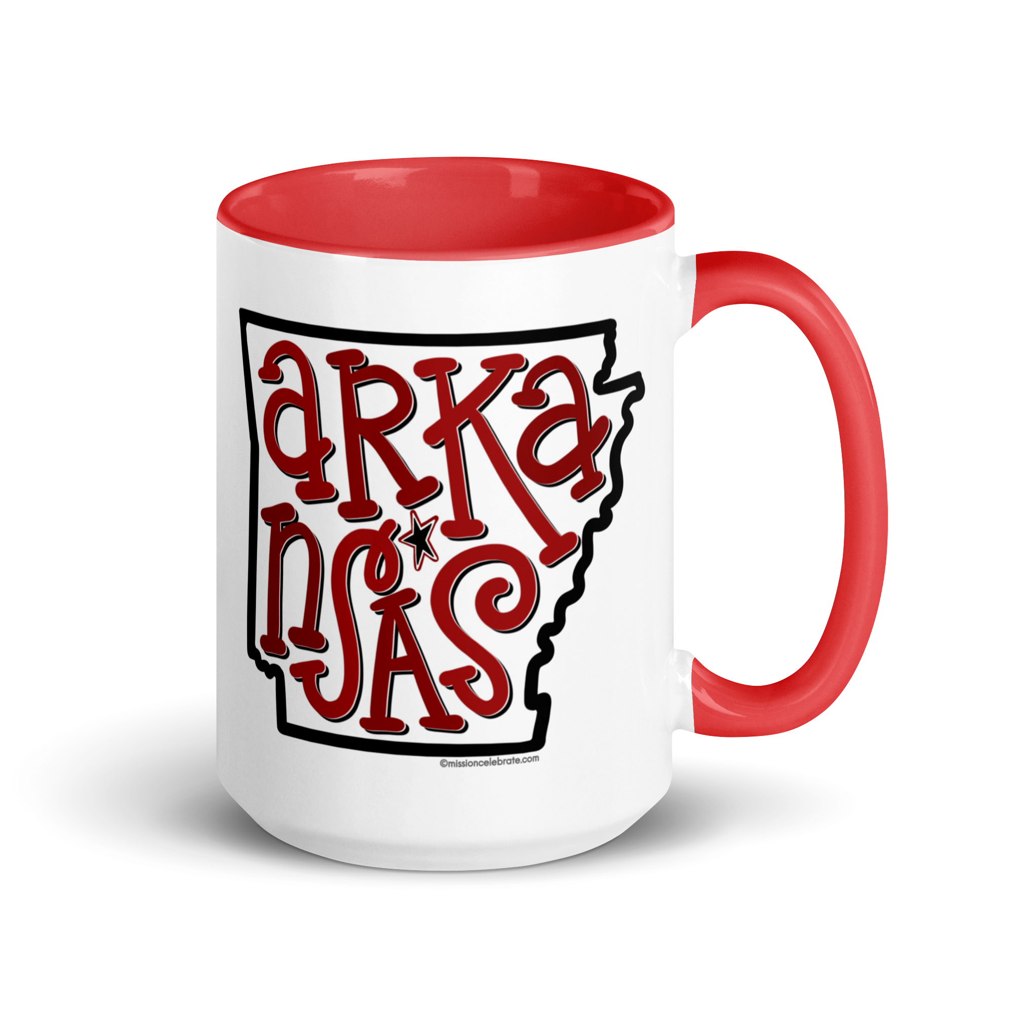 Arkansas Bouncy Letters Handdrawn Art by Southern Artist Leslie Gonce Ceramic Mug (11 oz or 15oz with red accents – rim, inside, handle)