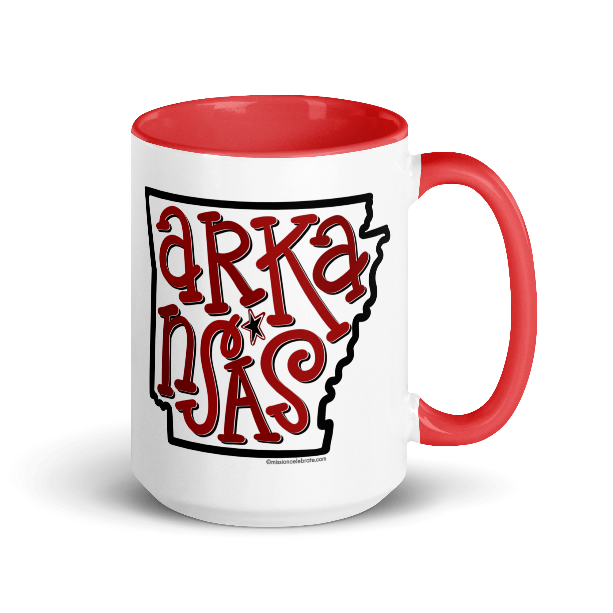 Arkansas Bouncy Letters Handdrawn Art by Southern Artist Leslie Gonce Ceramic Mug (11 oz or 15oz with red accents – rim, inside, handle)