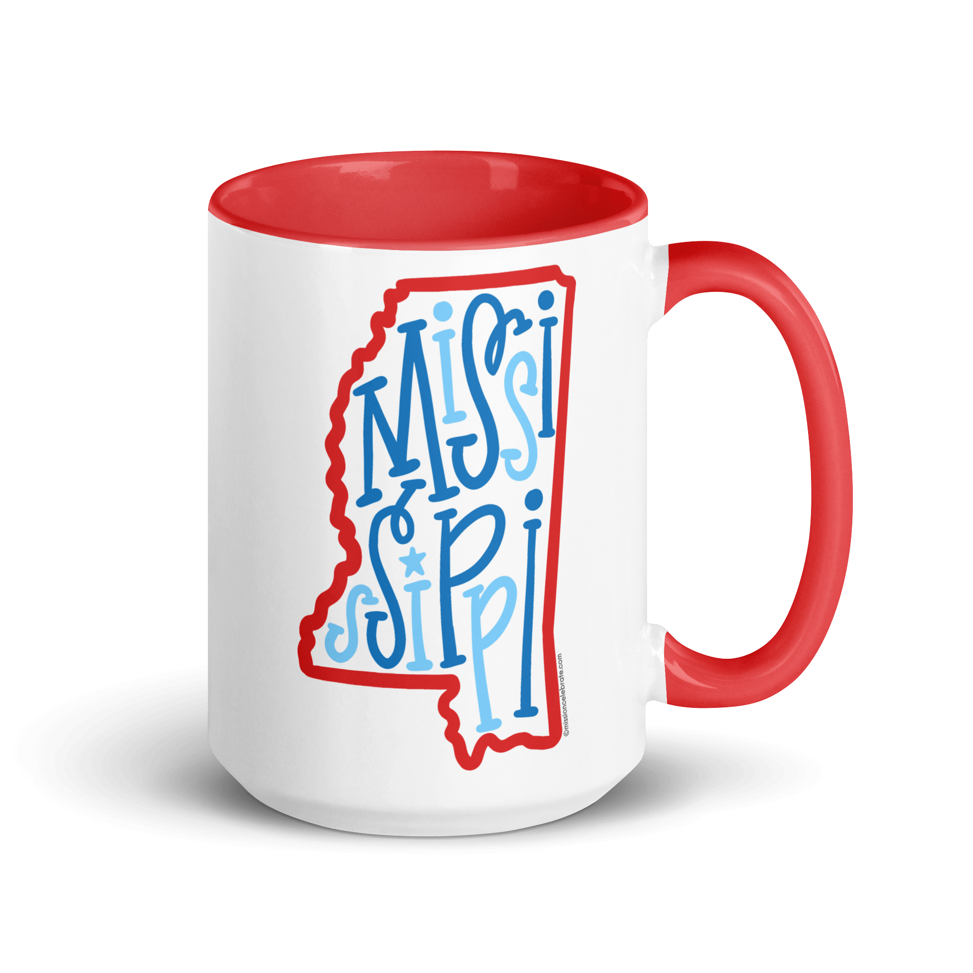 Mississippi mug with bouncy letters design. Red and blue state mug. Cute ceramic mug.
