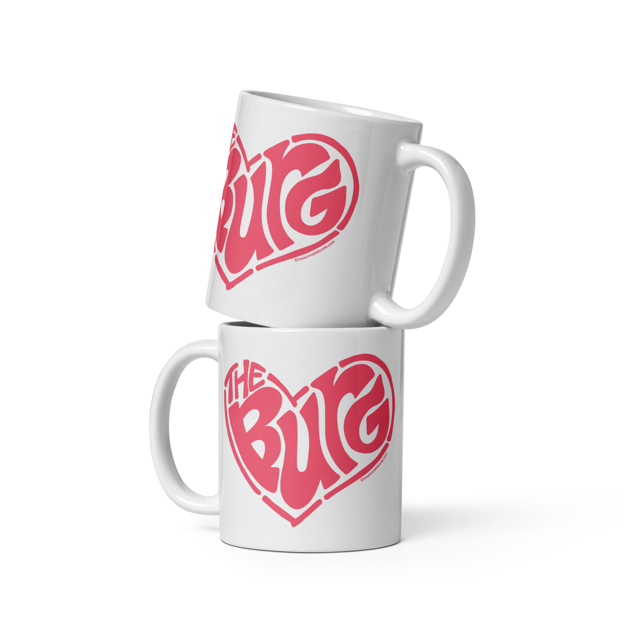 Two Hattiesburg "The Burg" mugs with a heart design, stacked on top of each other. "The Burg" text inside a heart. Main Street Collective mugs.