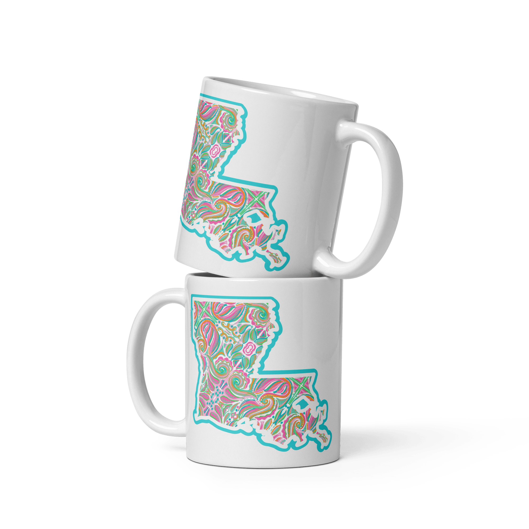 Louisiana State Art Mugs - Abstract Design by Leslie Gonce - Stacked White Ceramic Cups