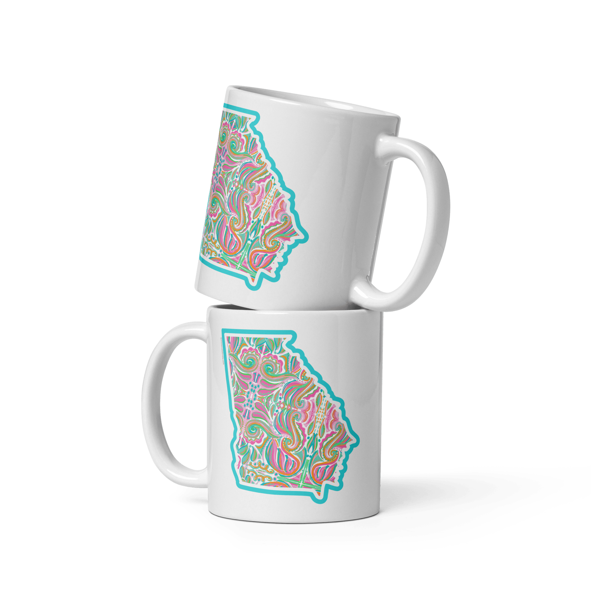 Stacked Georgia Mugs: Abstract hand-drawn state art by Southern artist Leslie Gonce, white ceramic coffee mugs, 11oz/15oz sizes.