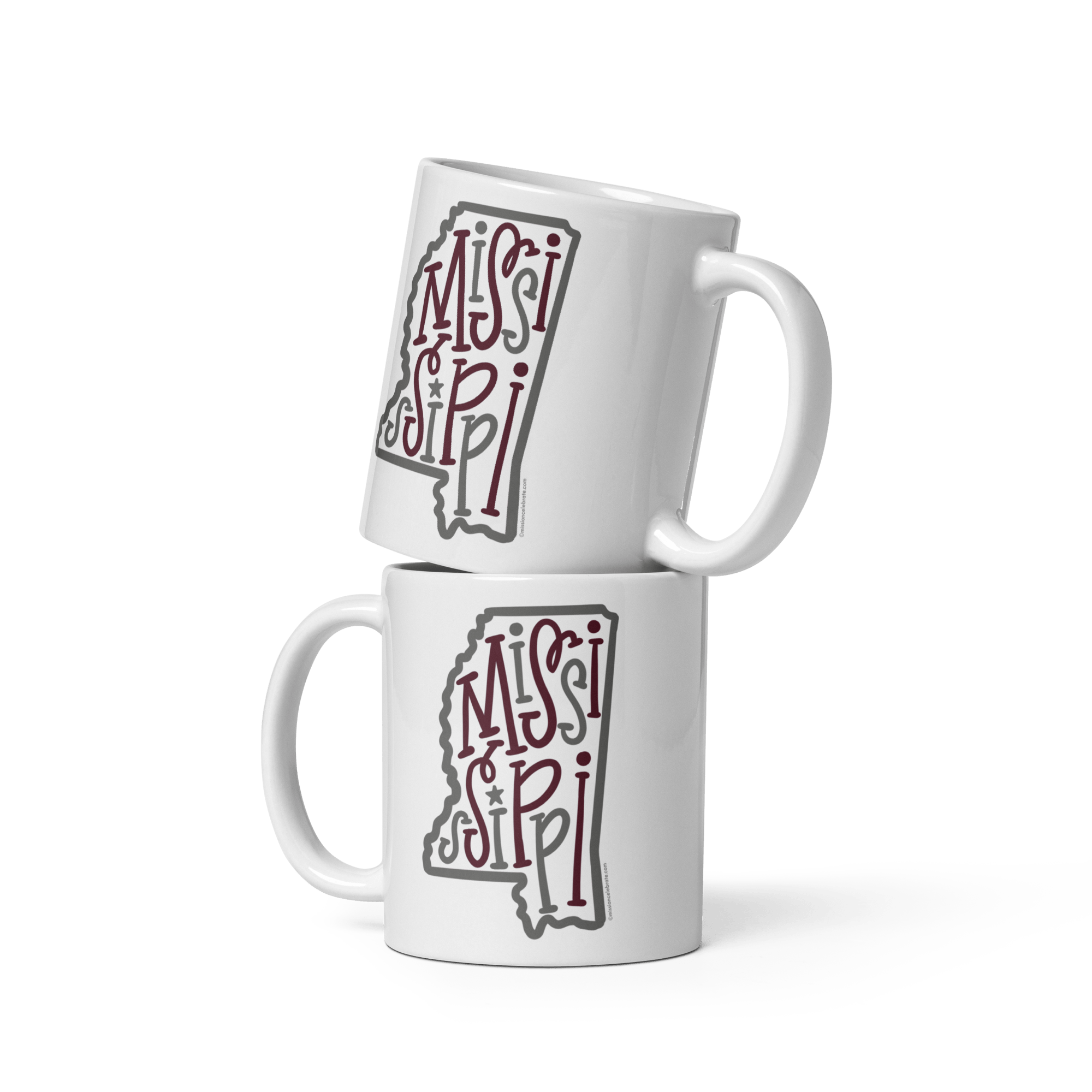 Stacked Mississippi Mugs: White ceramic coffee mugs with maroon & gray bouncy letter state design. Dishwasher & microwave safe.
