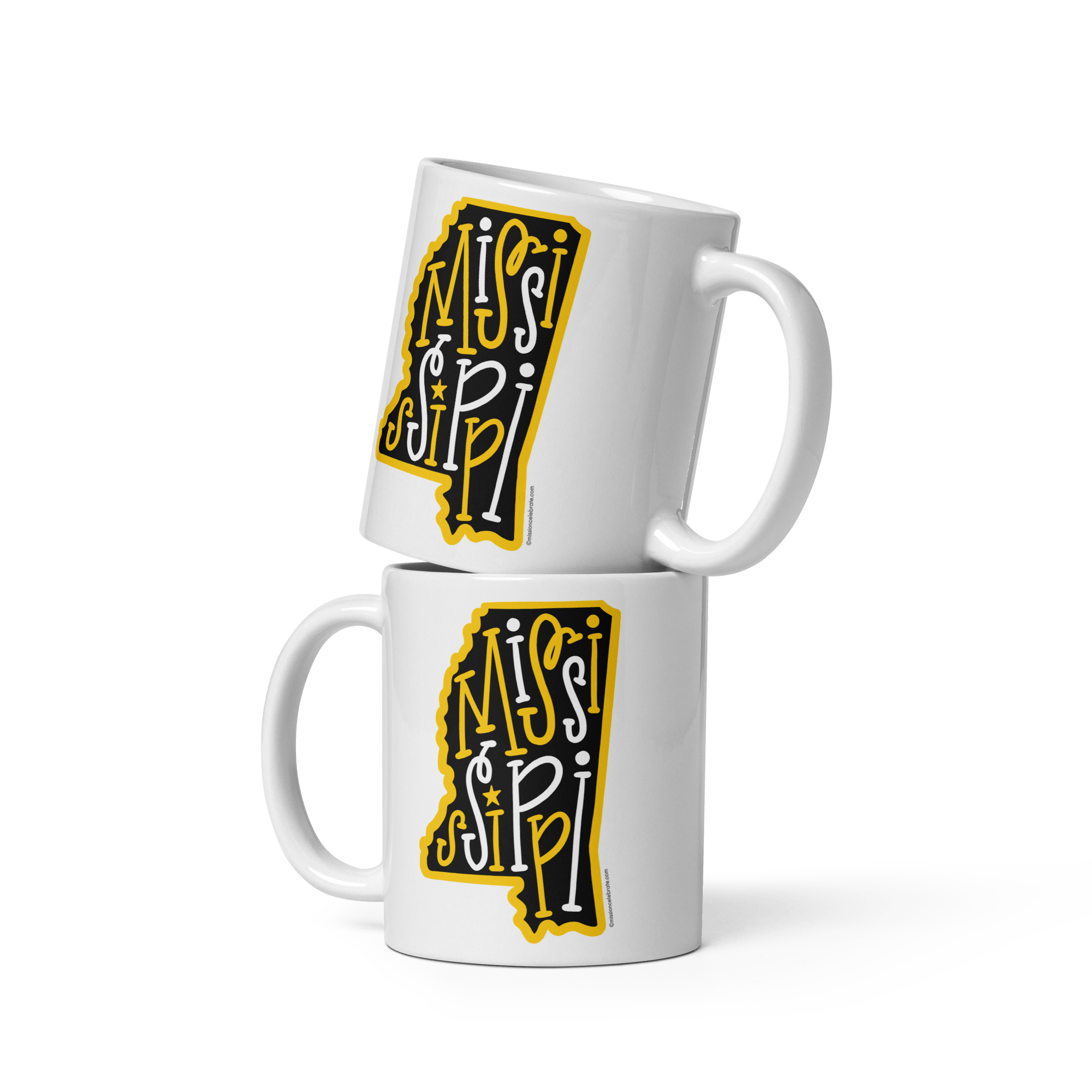 Stack of Mississippi Mugs: Black & Gold Hand-Drawn Art, Ceramic Coffee Mugs from Main Street Collective.