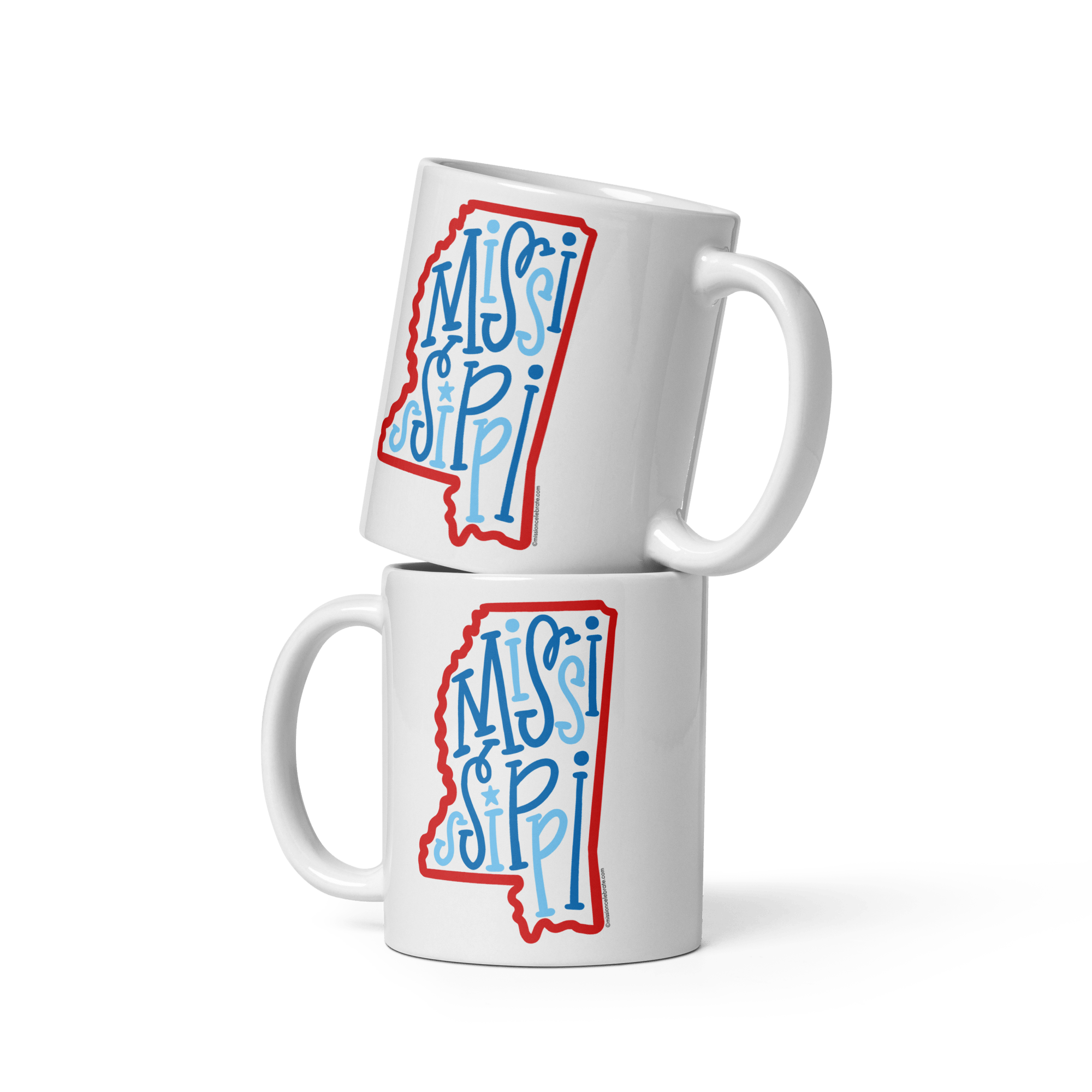 Mississippi Mugs: Stacked Ceramic Cups with Bouncy Letter Art in Red & Blue