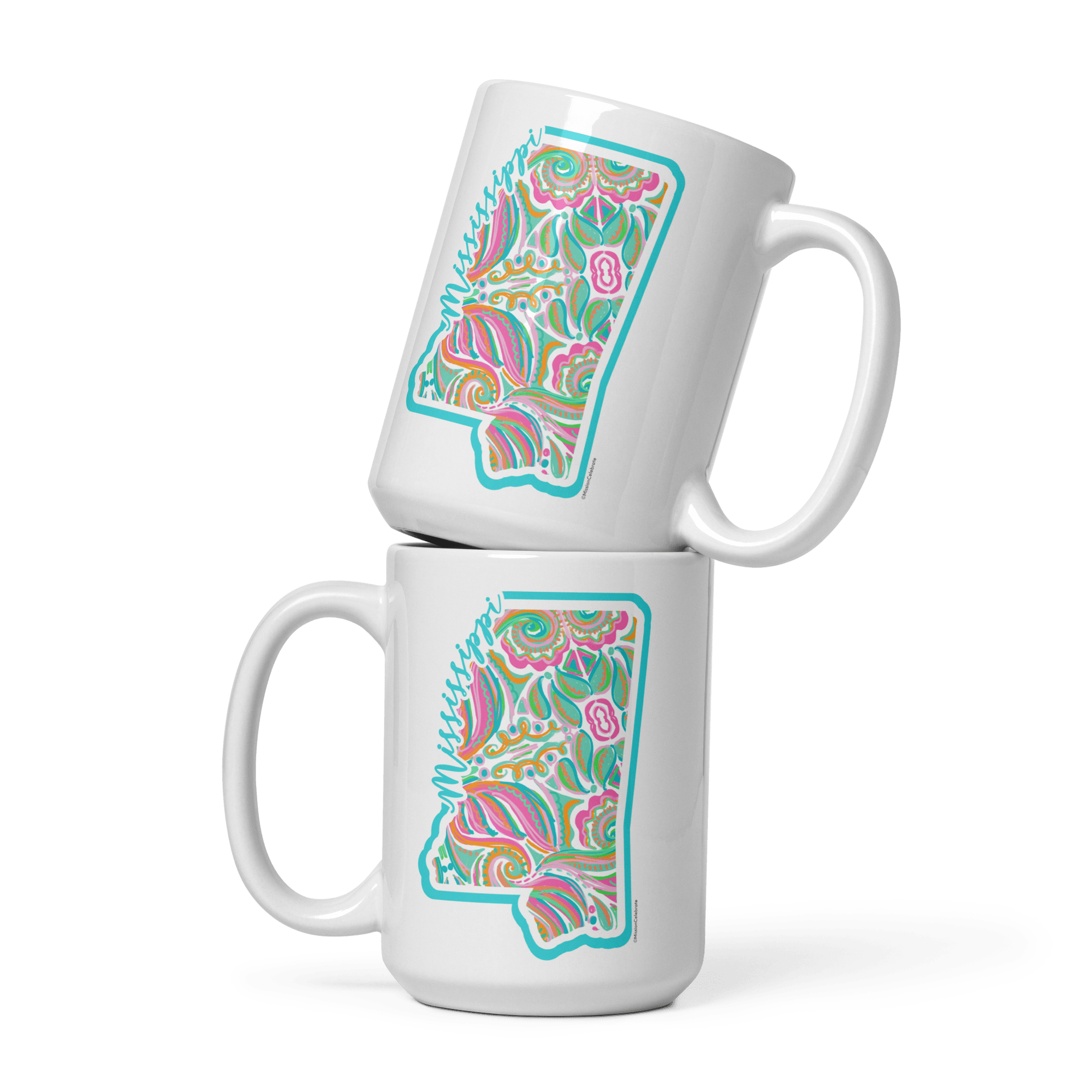 Mississippi Art Mug: Two ceramic mugs stacked featuring vibrant, hand-drawn art by Leslie Gonce. Main Street Collective.