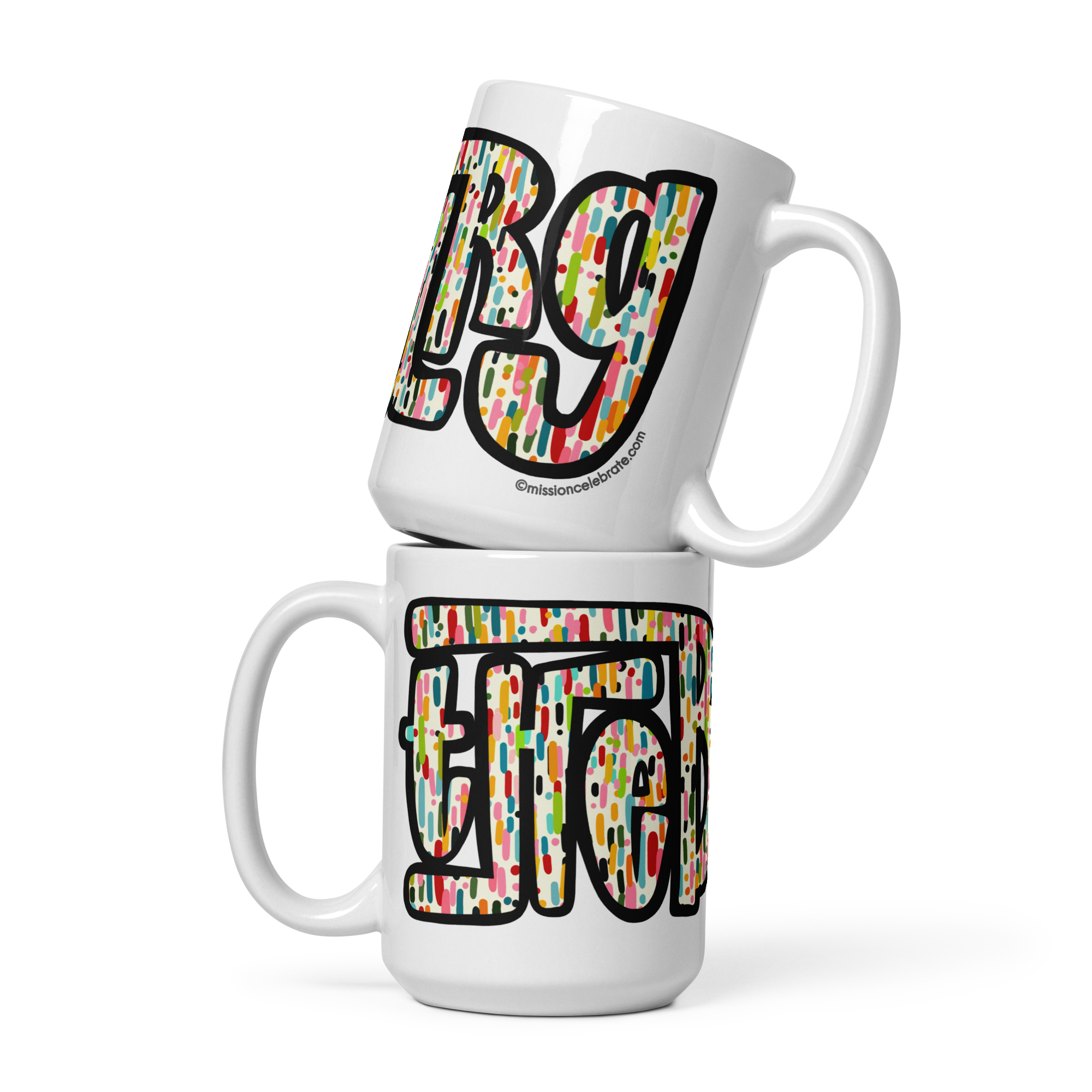 Hattiesburg "The Burg" Confetti Mugs: White ceramic coffee & tea mugs with colorful hand-lettered design, perfect gift!
