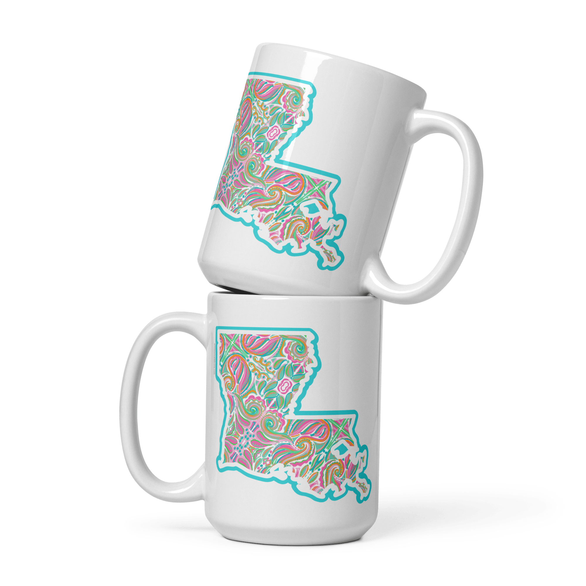 Louisiana Jubilee mugs: Leslie Gonce's art on 11oz/15oz ceramic coffee mugs, a colorful souvenir or gift from Main Street Collective.