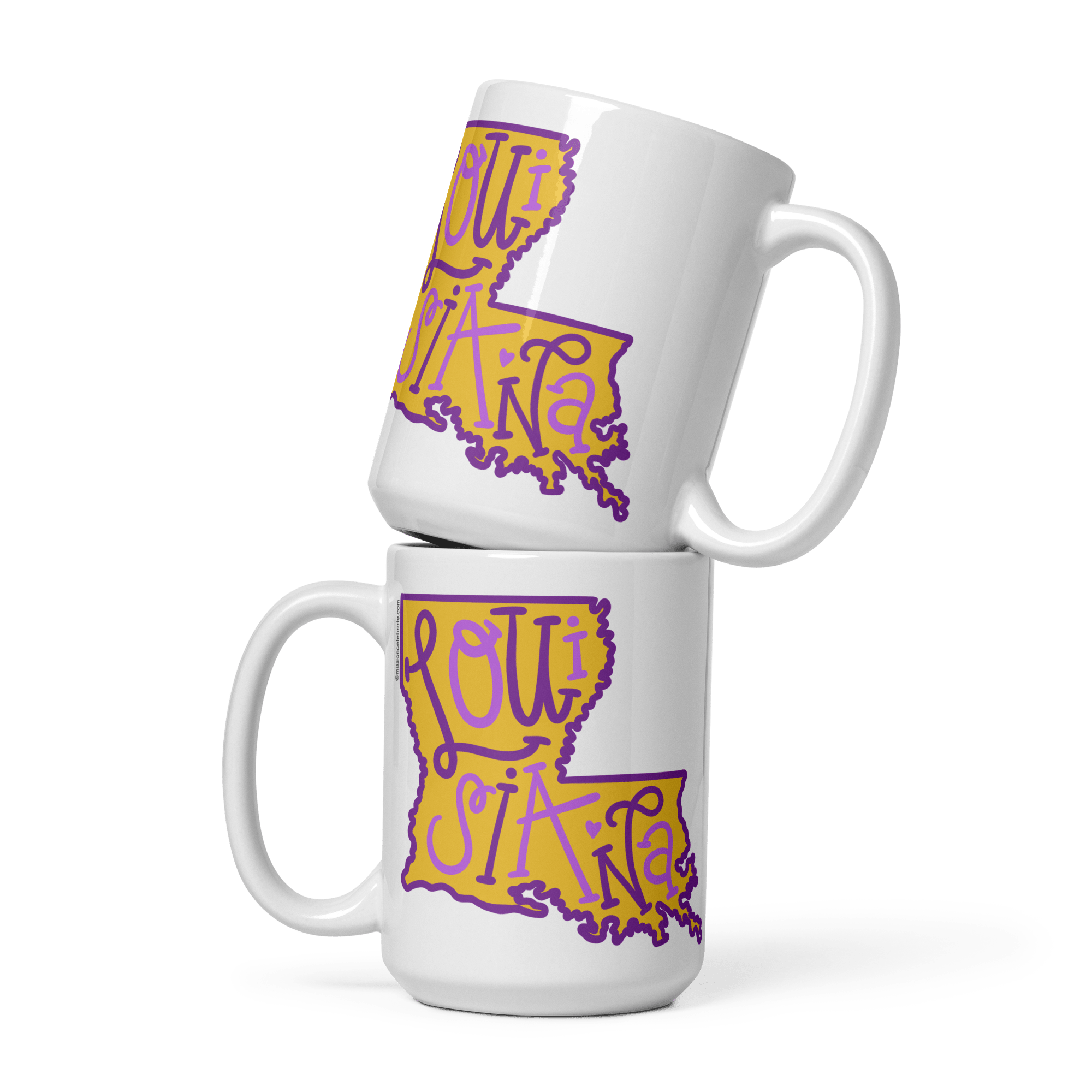 Ceramic Mug with Louisiana Bouncy Letters Handdrawn Art (purple & gold)