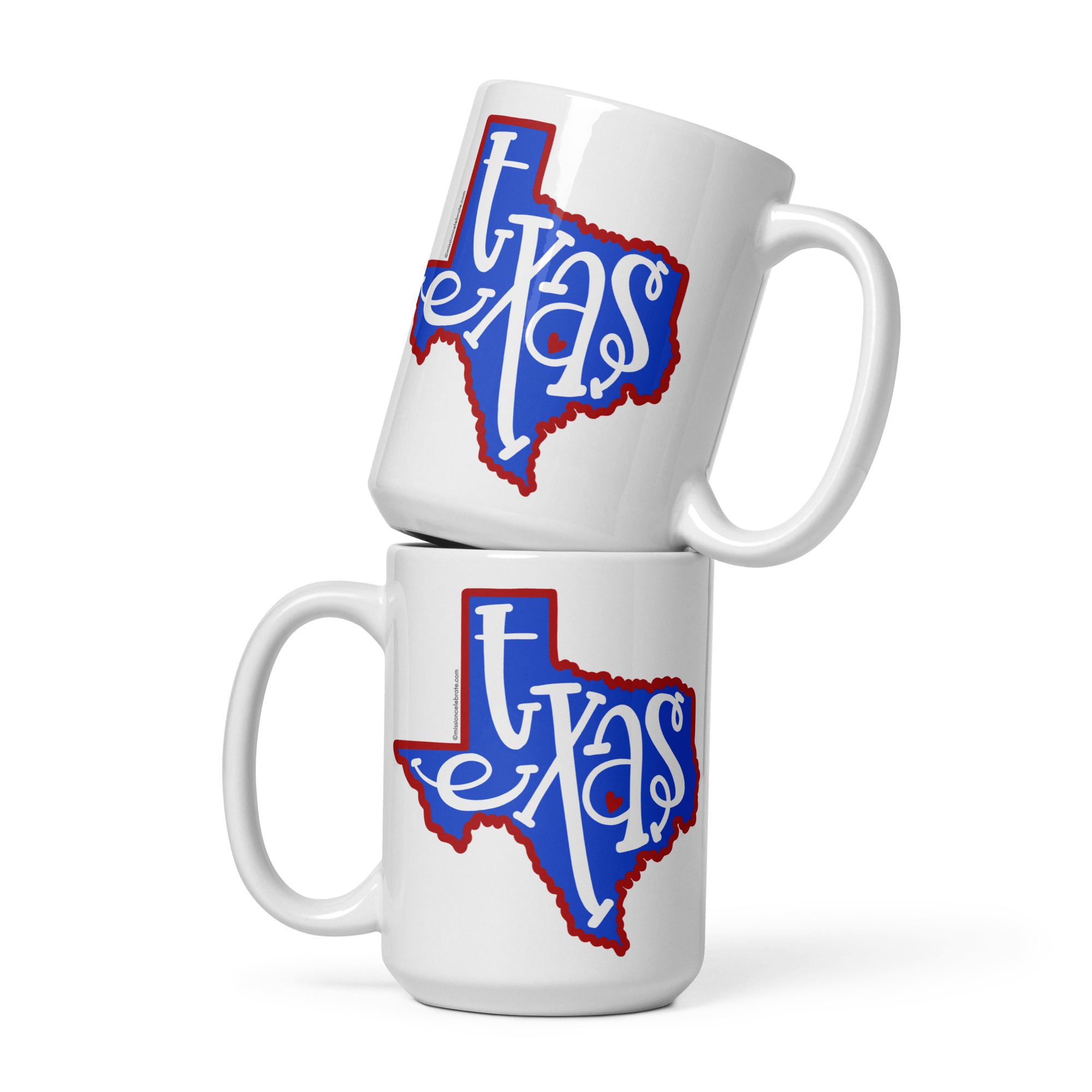 Texas Mug Stack: White ceramic mugs with red, white & blue Texas map design. State pride gift idea!