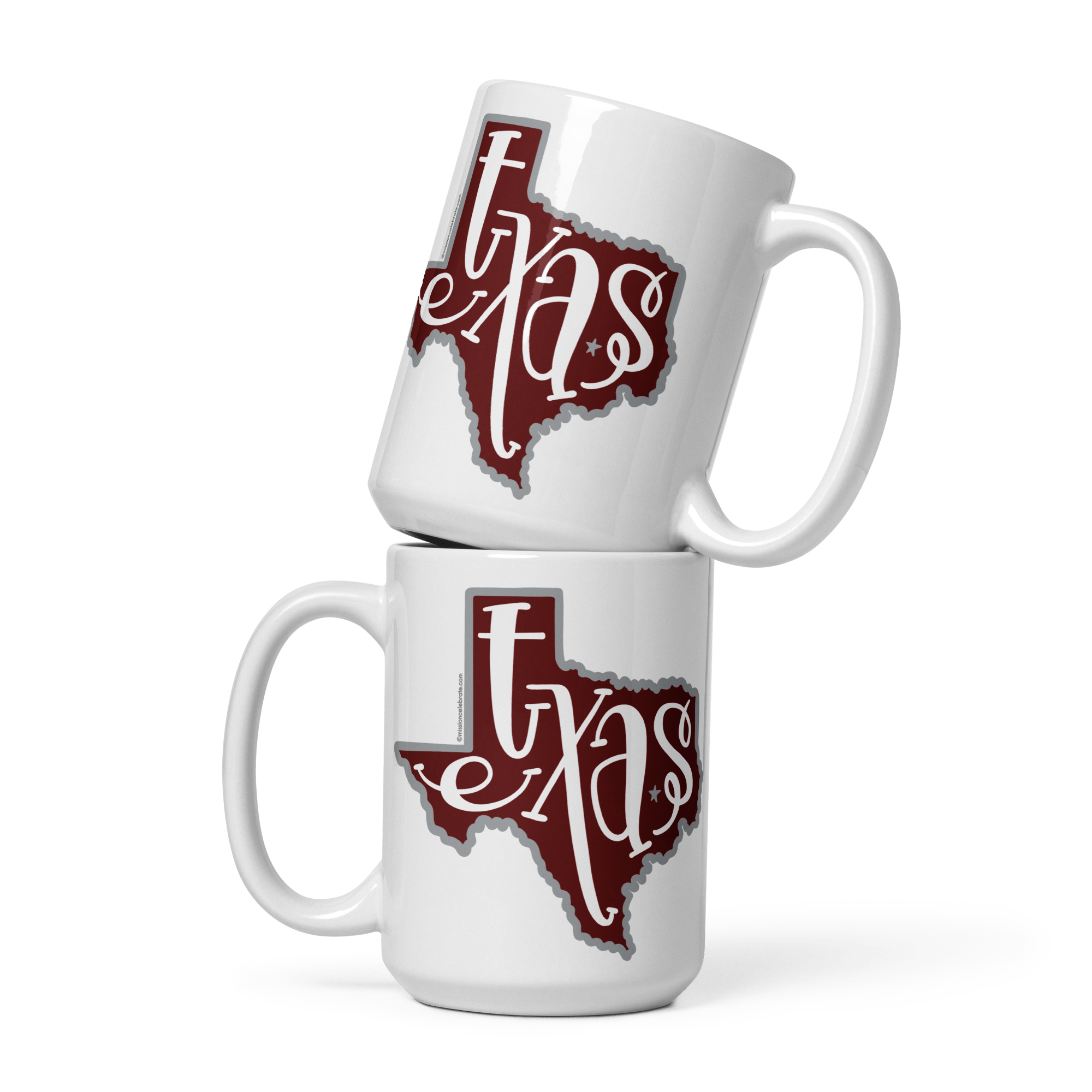 Texas Mug: Ceramic coffee mug with maroon & gray Texas state design, bouncy letters.