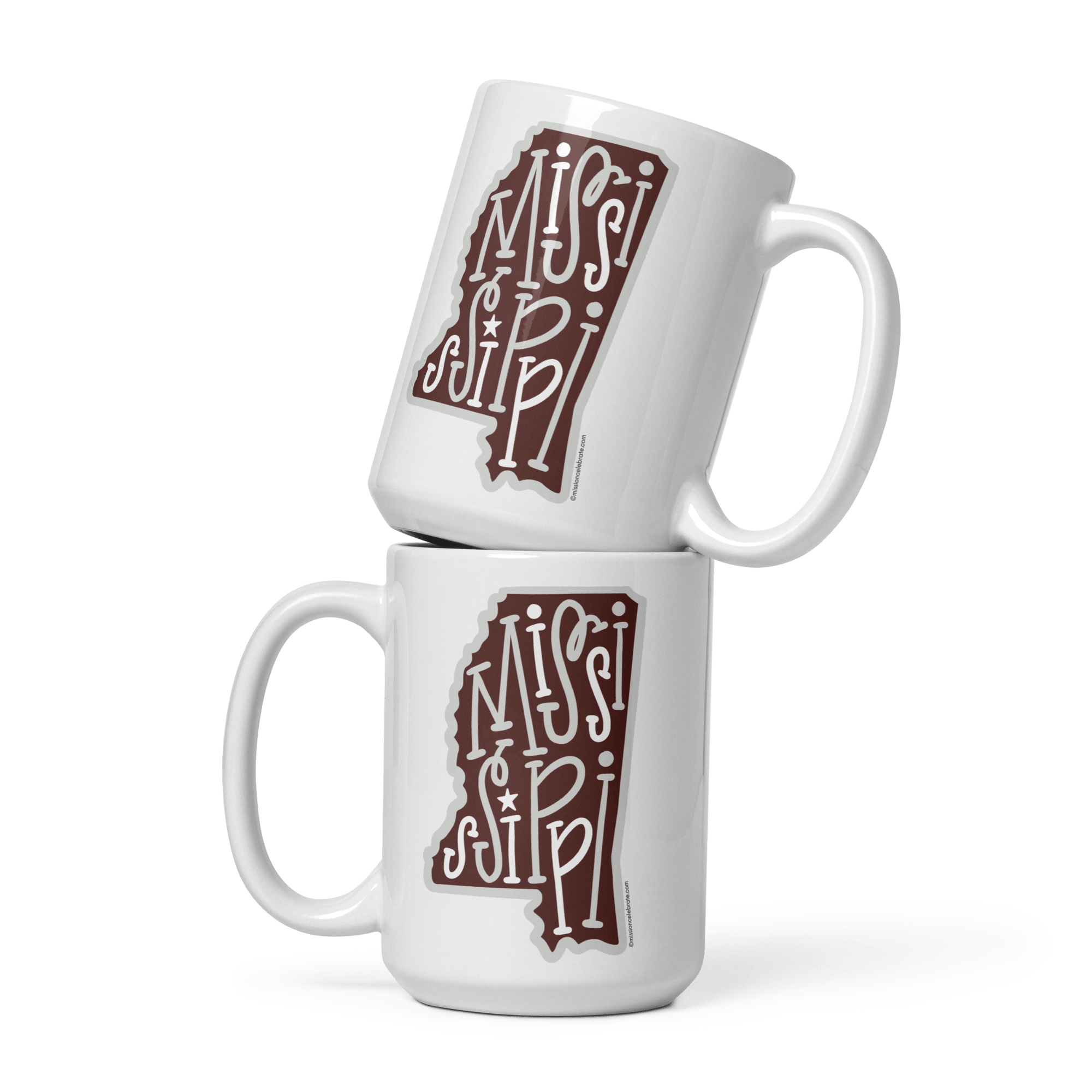 Mississippi Coffee Mugs Stacked - Bouncy Lettering Art, Maroon & Gray, Unique State Souvenir