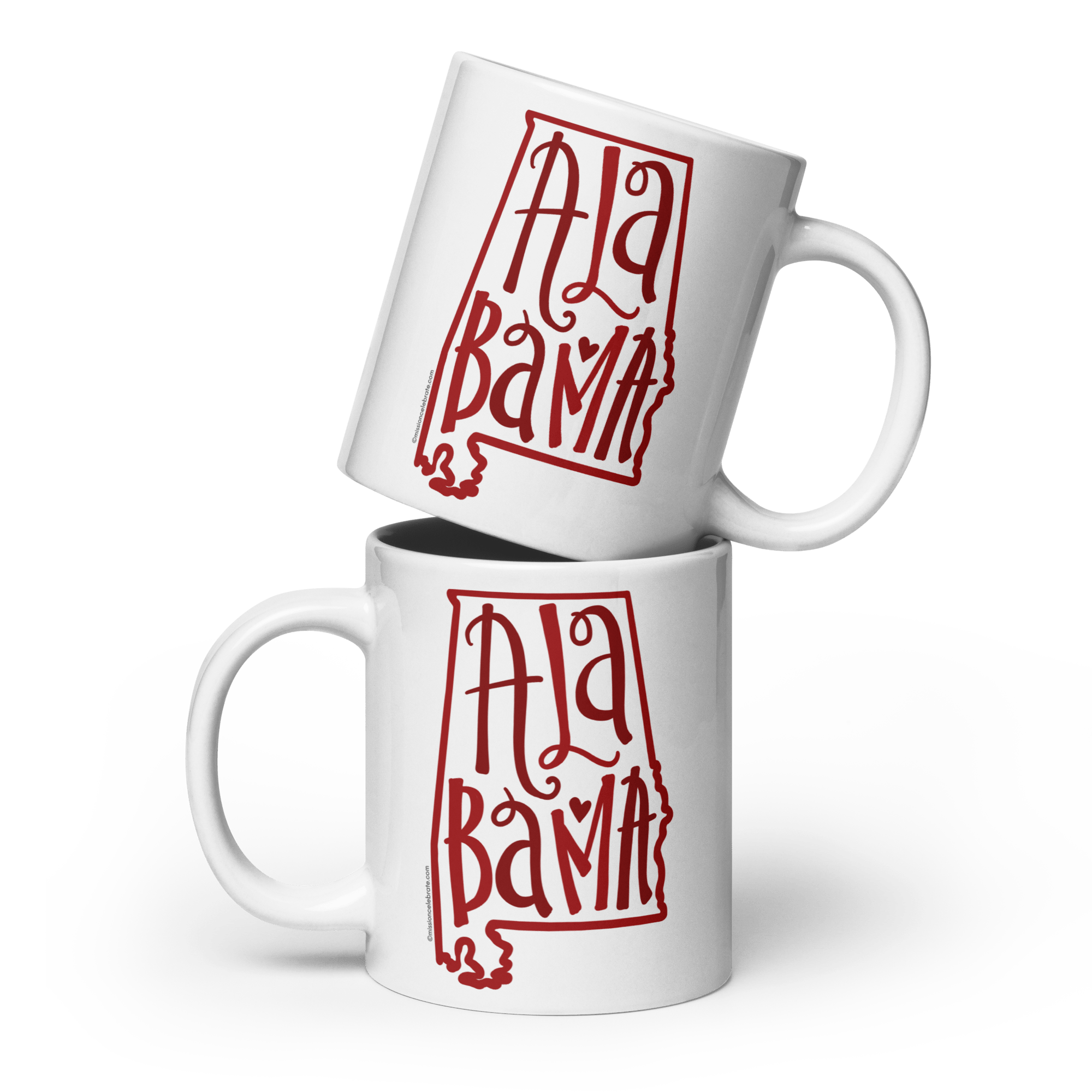 Stacked White Ceramic Alabama Mugs with Bouncy Lettering Design - Gift Idea