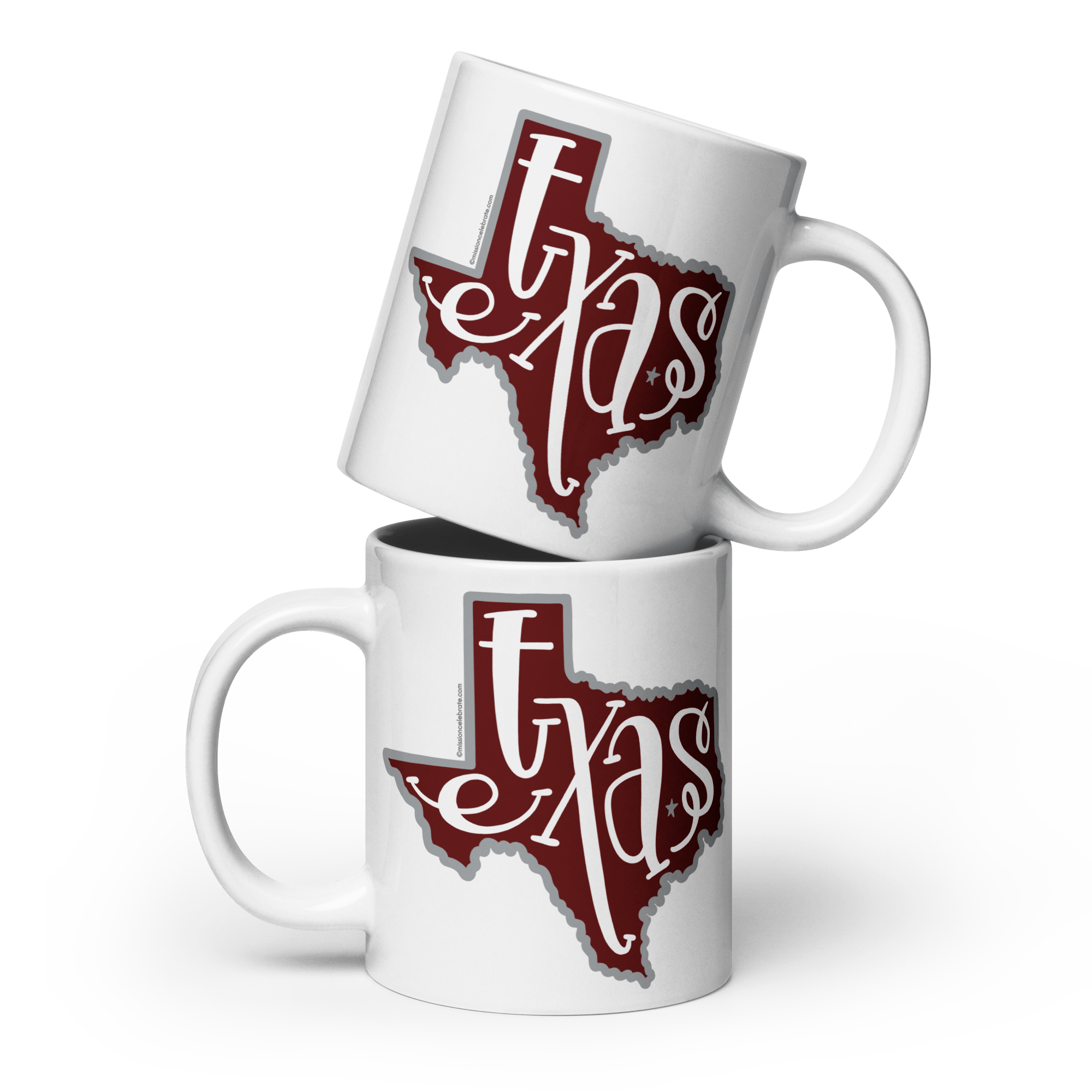 Texas Mug Stack: Ceramic coffee mugs with hand-drawn maroon & gray bouncy letters Texas state design.