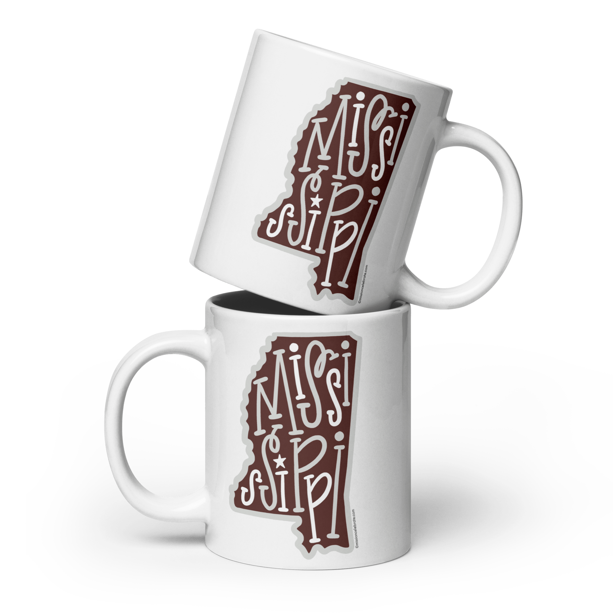 Stack of Mississippi Mugs: Ceramic with Maroon & Gray Hand-drawn State Design and Bouncy Letters by Main Street Collective