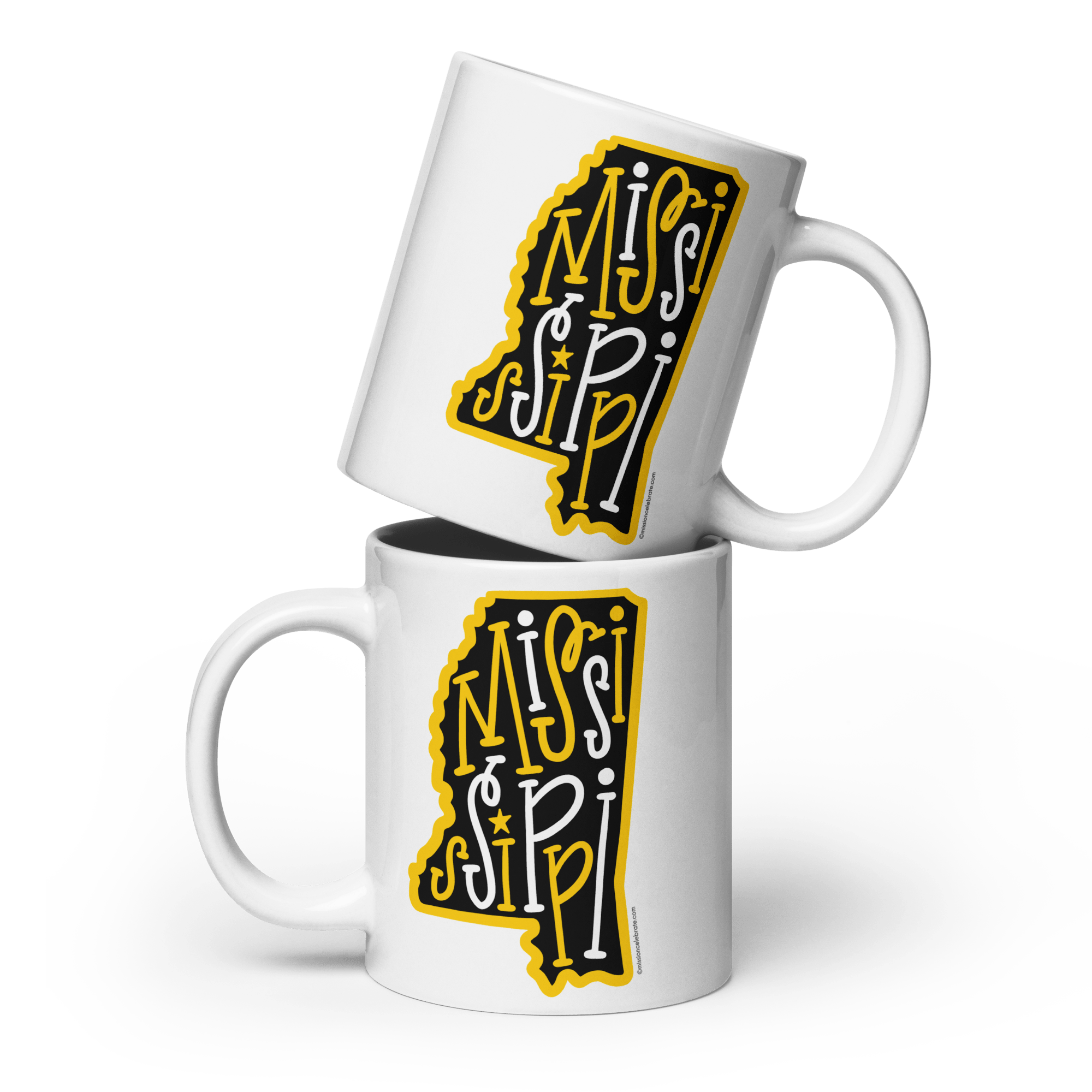 Mississippi Pride Mug Set: Ceramic Mugs with Bouncy Letters, Black & Gold, Hand-Drawn Design.
