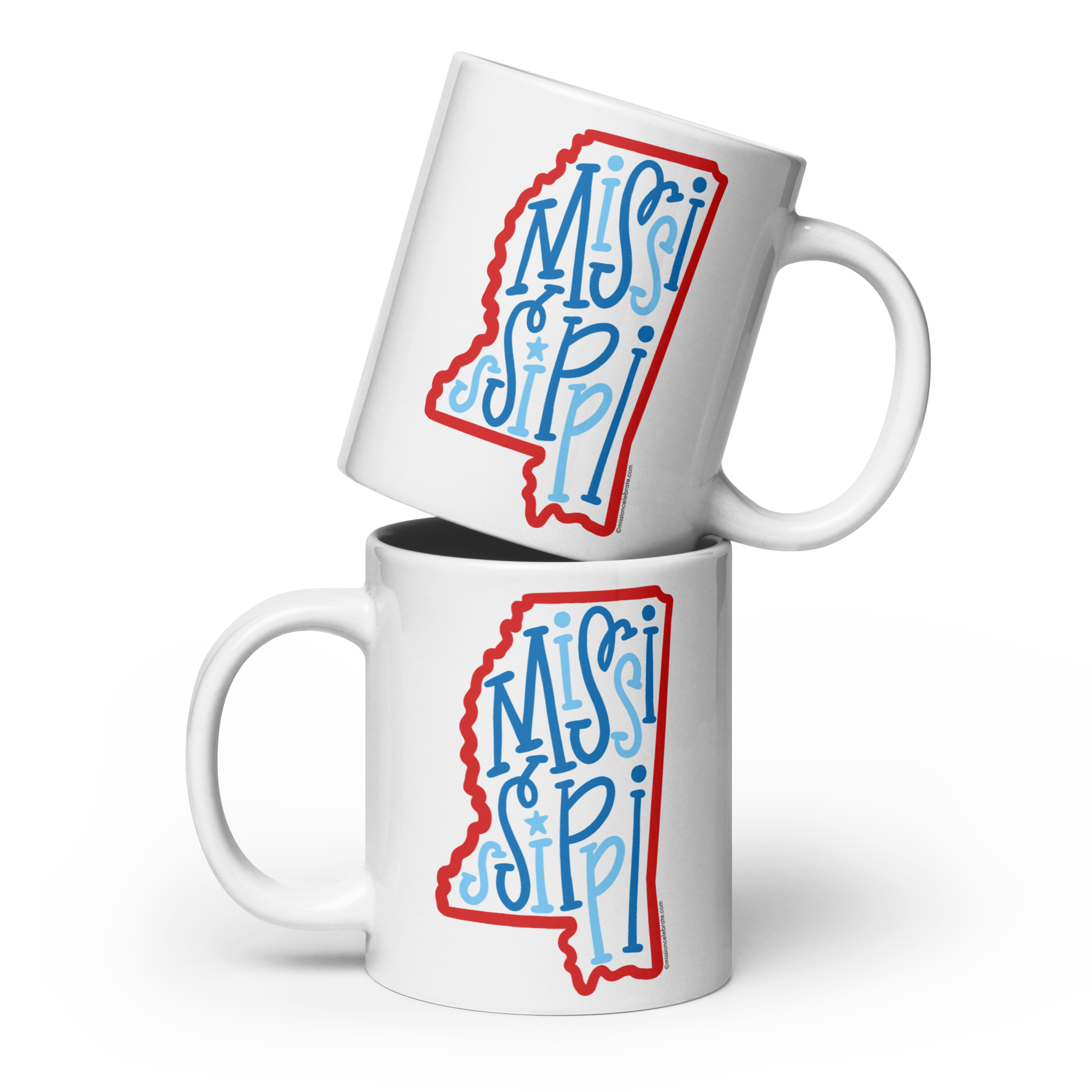 Stacked Mississippi Mugs: Ceramic, Hand-Drawn State Outline with Playful Lettering - Red and Blue Design